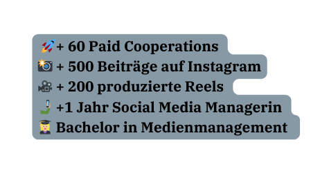 60 Paid Cooperations 500 Beiträge auf Instagram 200 produzierte Reels 1 Jahr Social Media Managerin Bachelor in Medienmanagement